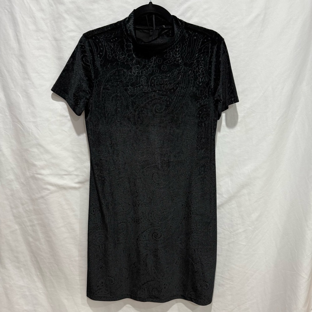 Black Velvet Burnout‎ L/XL Paisley Mini Dress Mock Neck Short Sleeve Bodycon Y2K